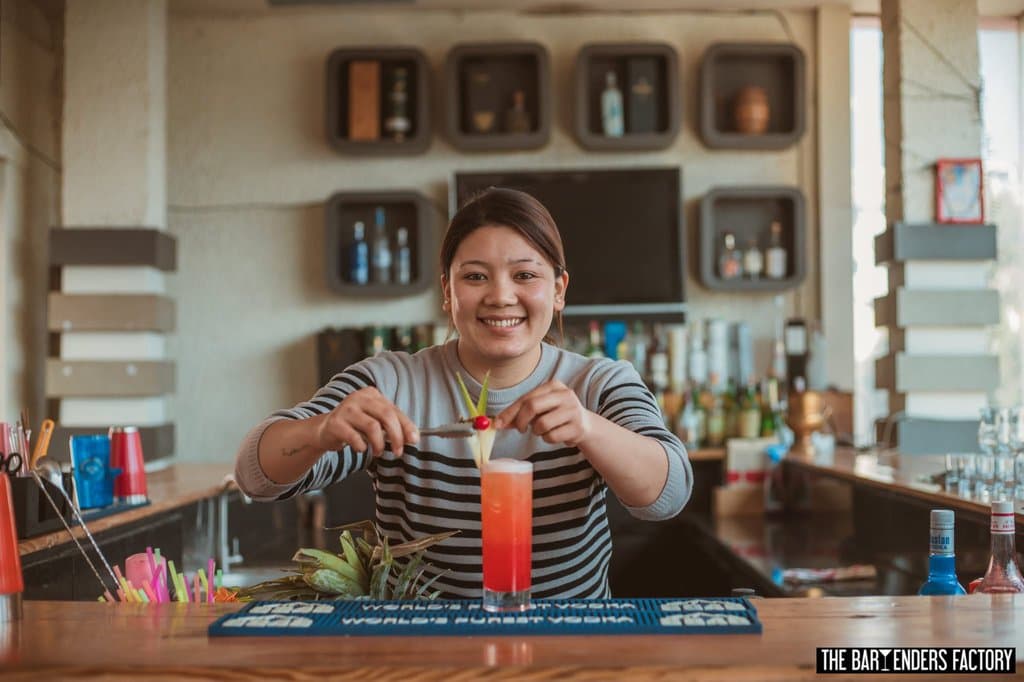 Students practicing mixology at Bartenders Factory Kathmandu